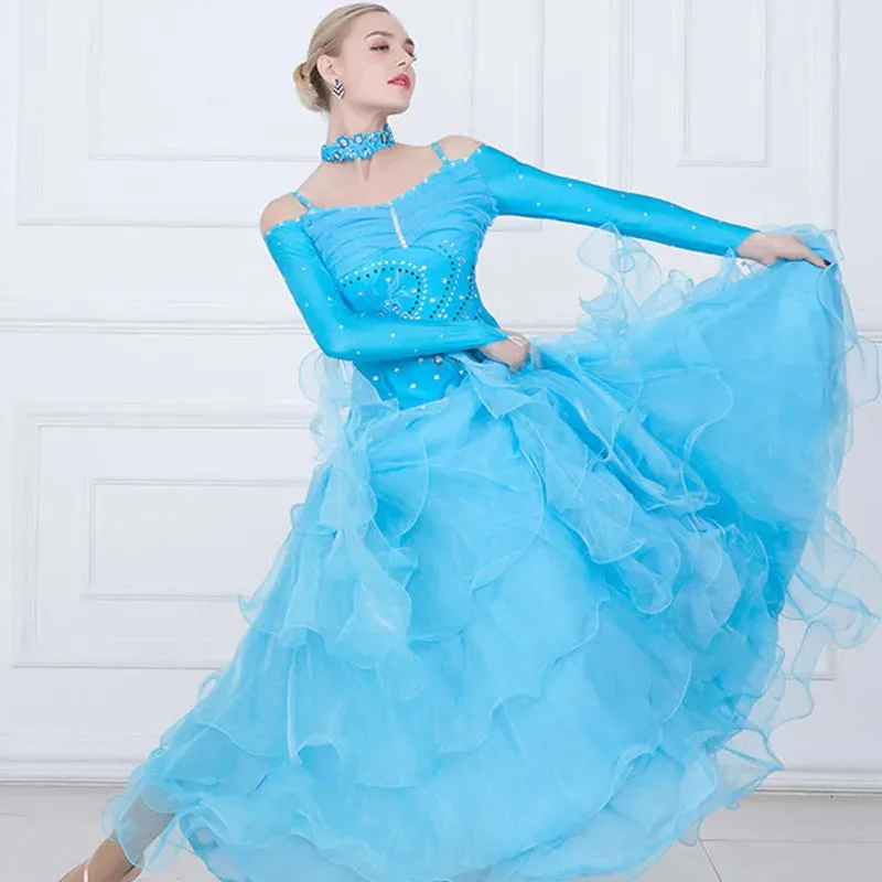 Mult Layer Off Shoulder Ballroom Dance Competition Dress Costumes