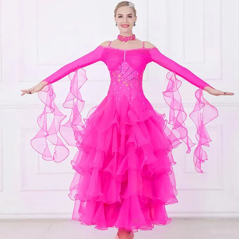 Mult Layer Off Shoulder Ballroom Dance Competition Dress Costumes