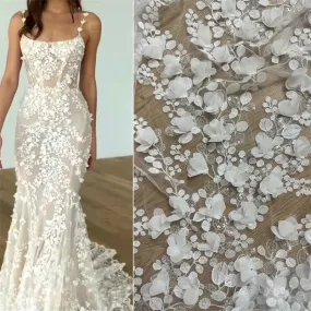 New Hot 3D Floral Sequins Embroidery Lace Fabric Wedding Dress DIY Fashion Sewing Gown Dress Tulle French Guipure African Lace
