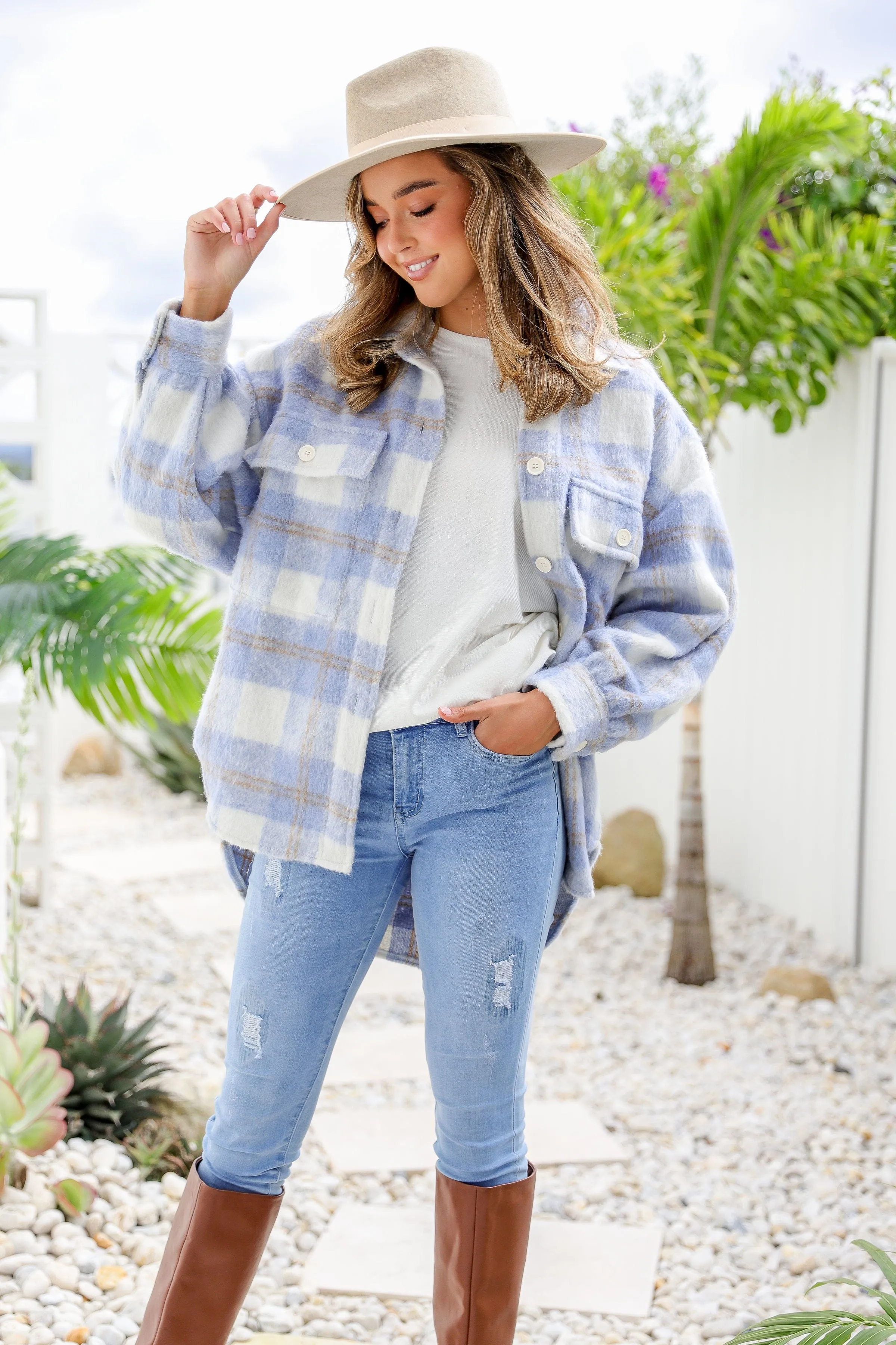 Noella Check Shacket - Sky Blue