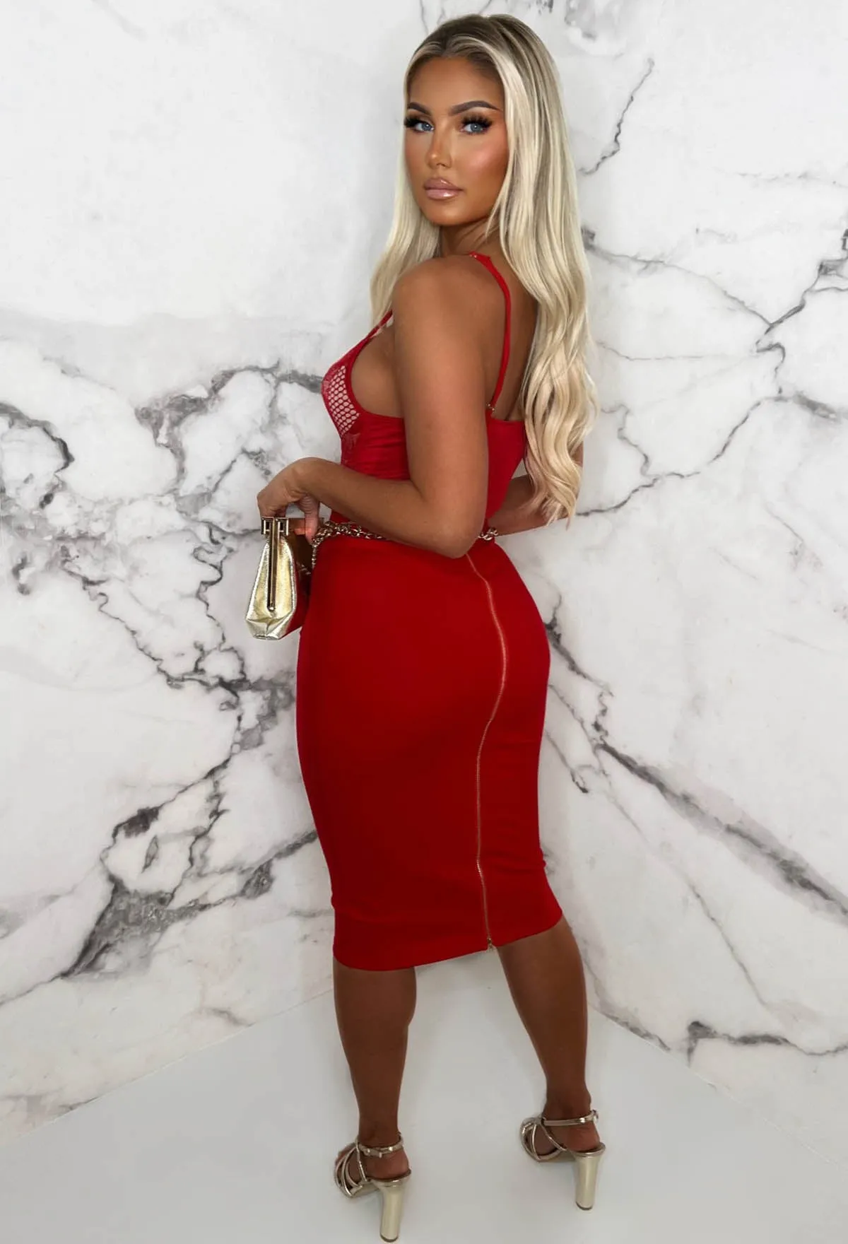 Parisian Daydream Red Midi Jersey Zip Back Detail Skirt