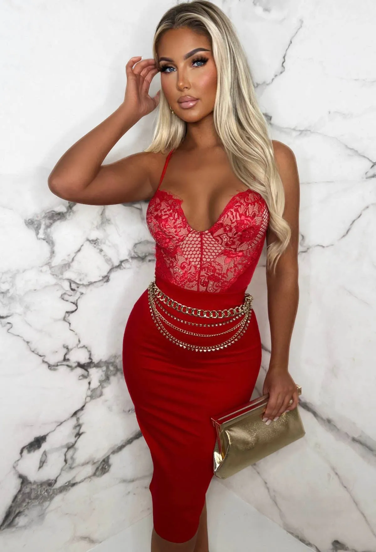 Parisian Daydream Red Midi Jersey Zip Back Detail Skirt