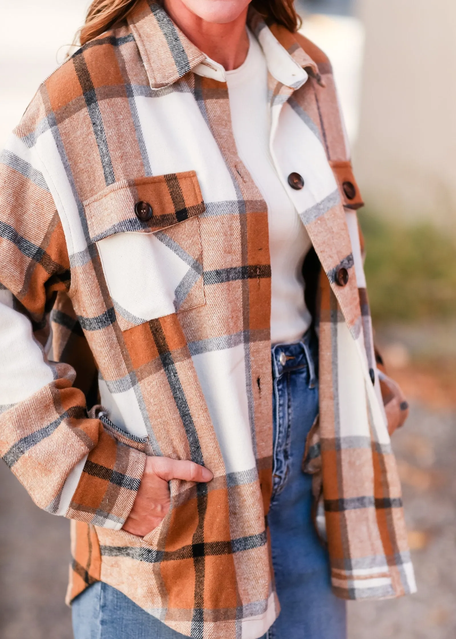 Plaid Button Front Pocket Collar Shacket
