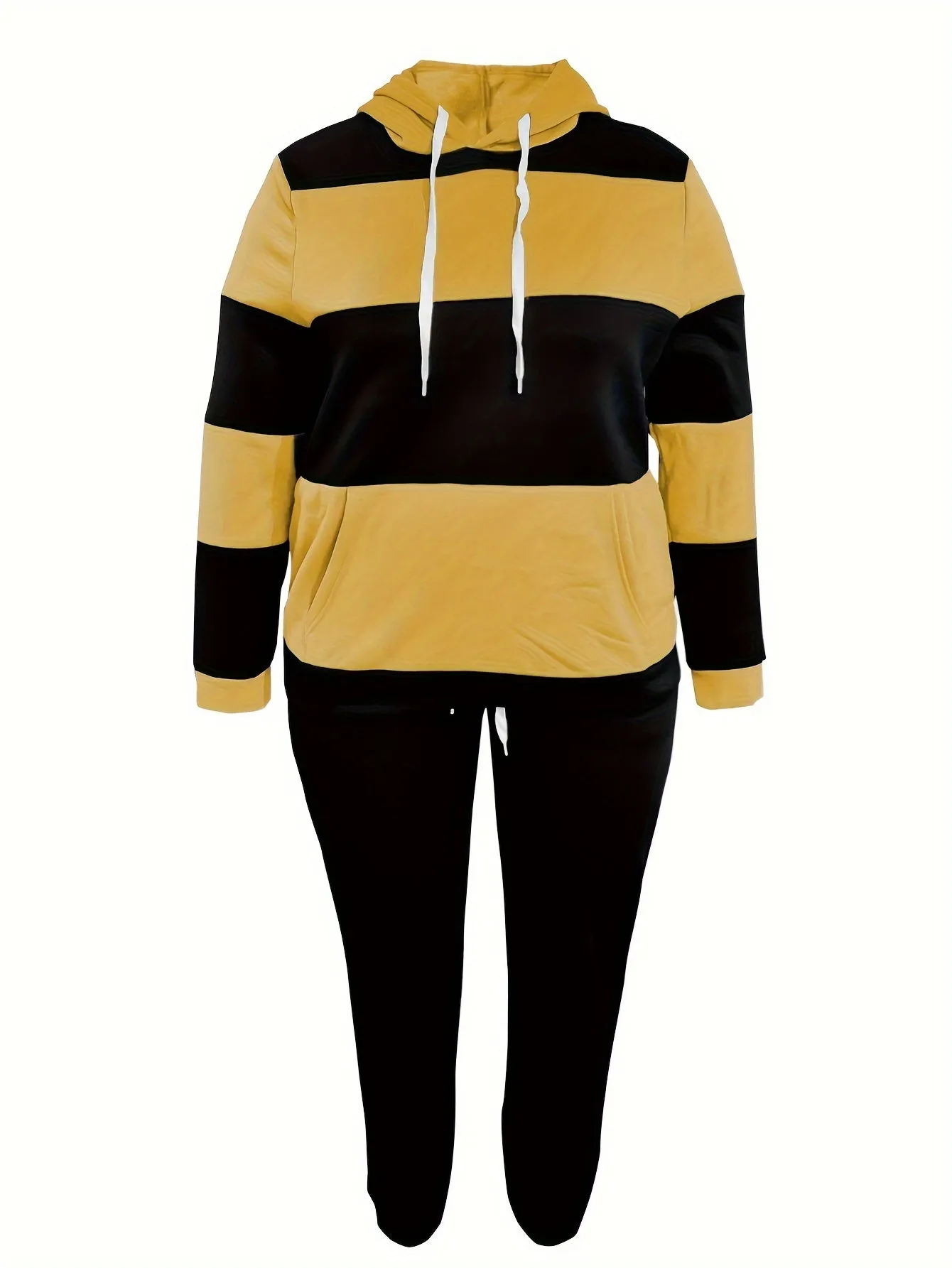Plus Size Two-Piece Set - Colorblock Stripe Print Hoodie Sweatshirt & Joggers Ensemble for Casual Style
