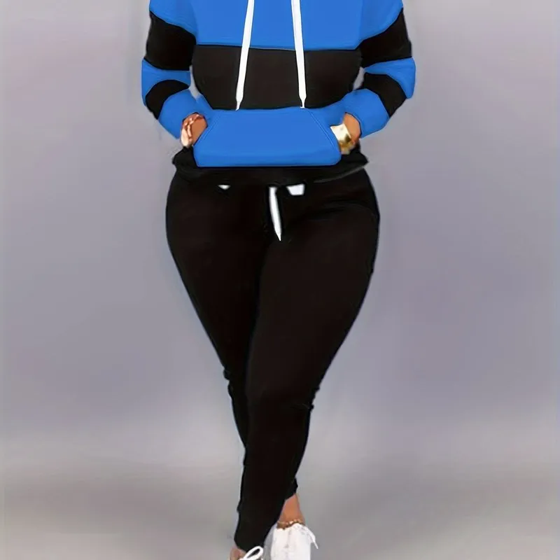 Plus Size Two-Piece Set - Colorblock Stripe Print Hoodie Sweatshirt & Joggers Ensemble for Casual Style