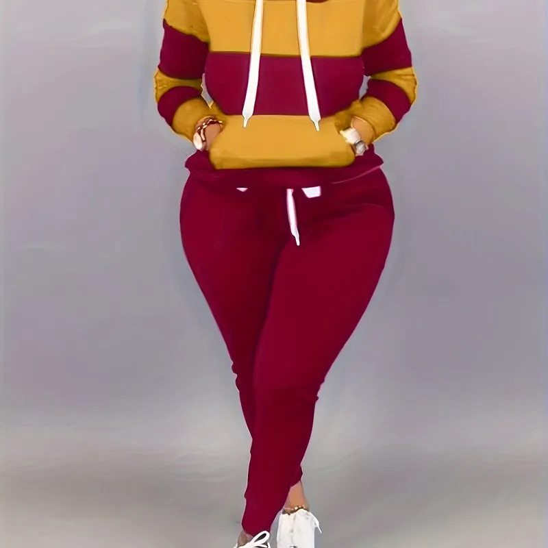 Plus Size Two-Piece Set - Colorblock Stripe Print Hoodie Sweatshirt & Joggers Ensemble for Casual Style