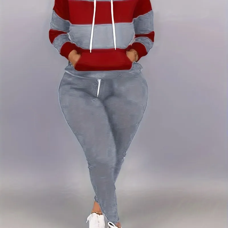 Plus Size Two-Piece Set - Colorblock Stripe Print Hoodie Sweatshirt & Joggers Ensemble for Casual Style