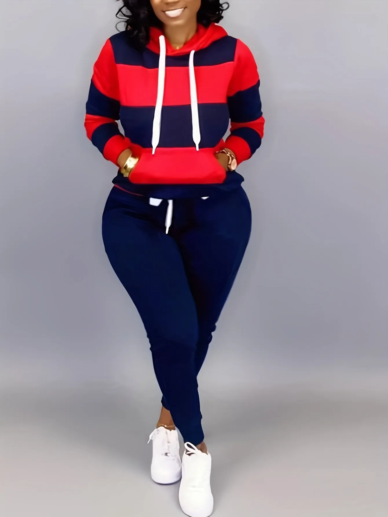 Plus Size Two-Piece Set - Colorblock Stripe Print Hoodie Sweatshirt & Joggers Ensemble for Casual Style