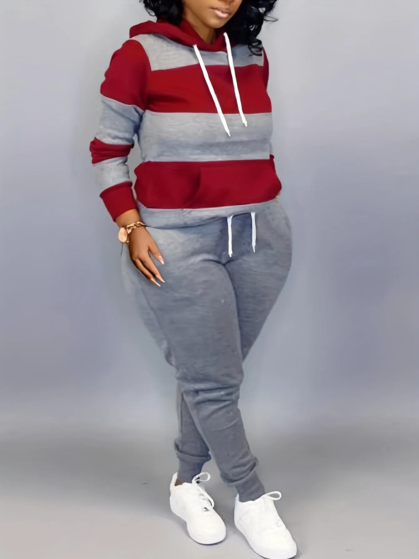 Plus Size Two-Piece Set - Colorblock Stripe Print Hoodie Sweatshirt & Joggers Ensemble for Casual Style