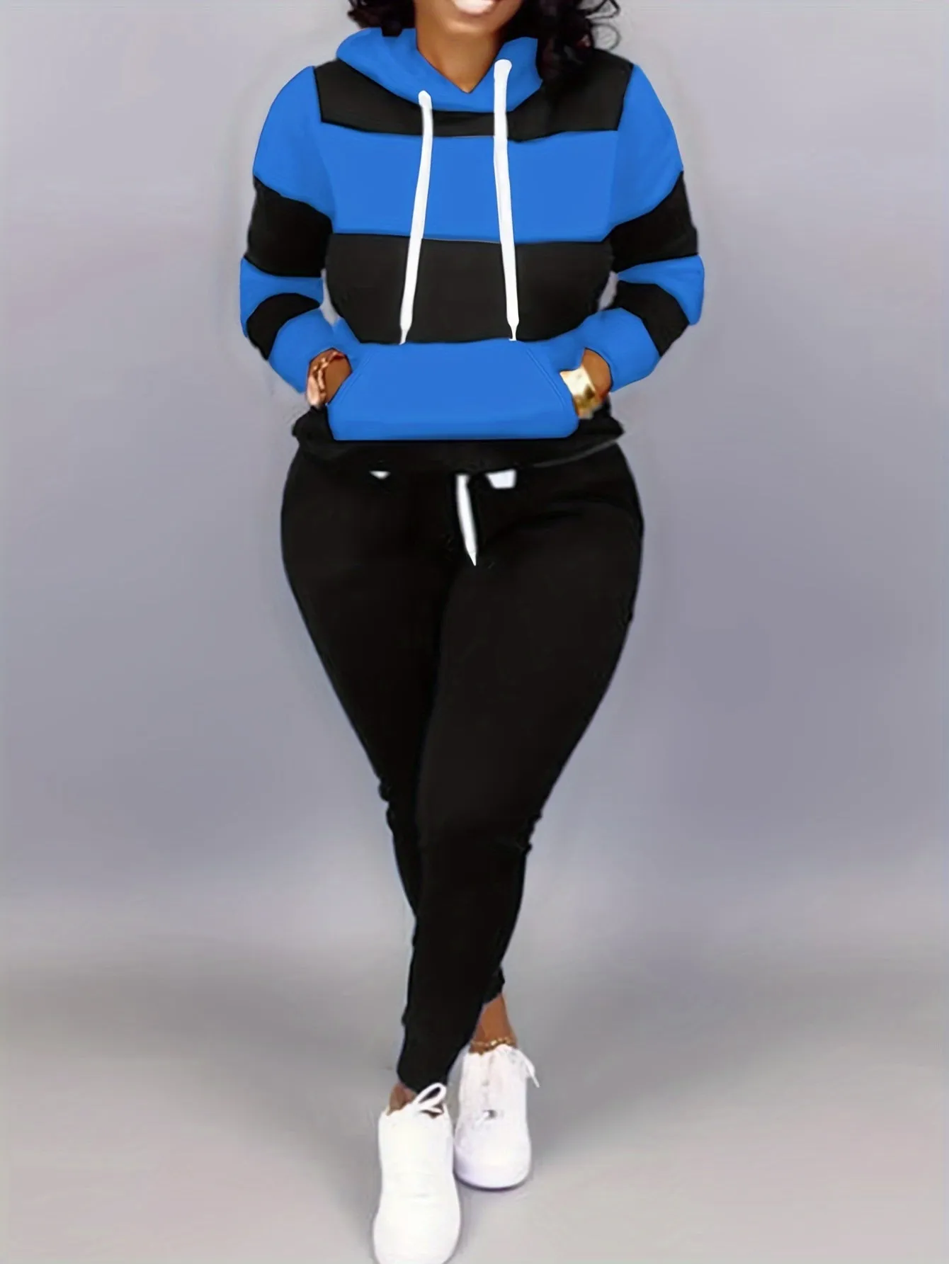 Plus Size Two-Piece Set - Colorblock Stripe Print Hoodie Sweatshirt & Joggers Ensemble for Casual Style
