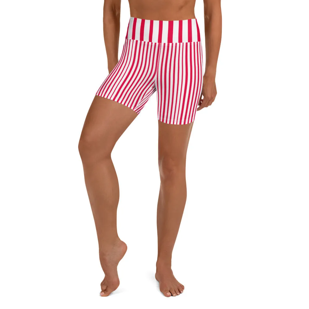 Red Black Striped Yoga Shorts, Vertically Stripes Circus Tights For Women-Made in USA/EU