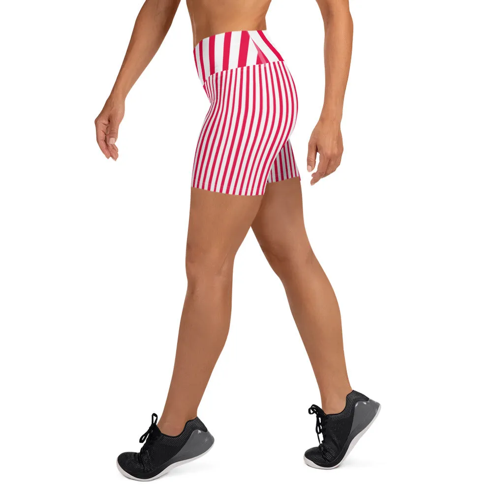 Red Black Striped Yoga Shorts, Vertically Stripes Circus Tights For Women-Made in USA/EU
