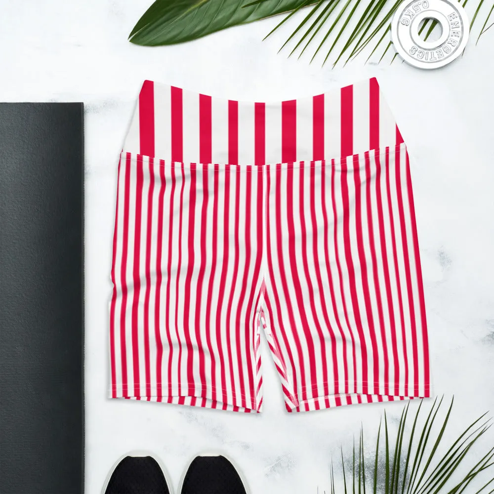 Red Black Striped Yoga Shorts, Vertically Stripes Circus Tights For Women-Made in USA/EU