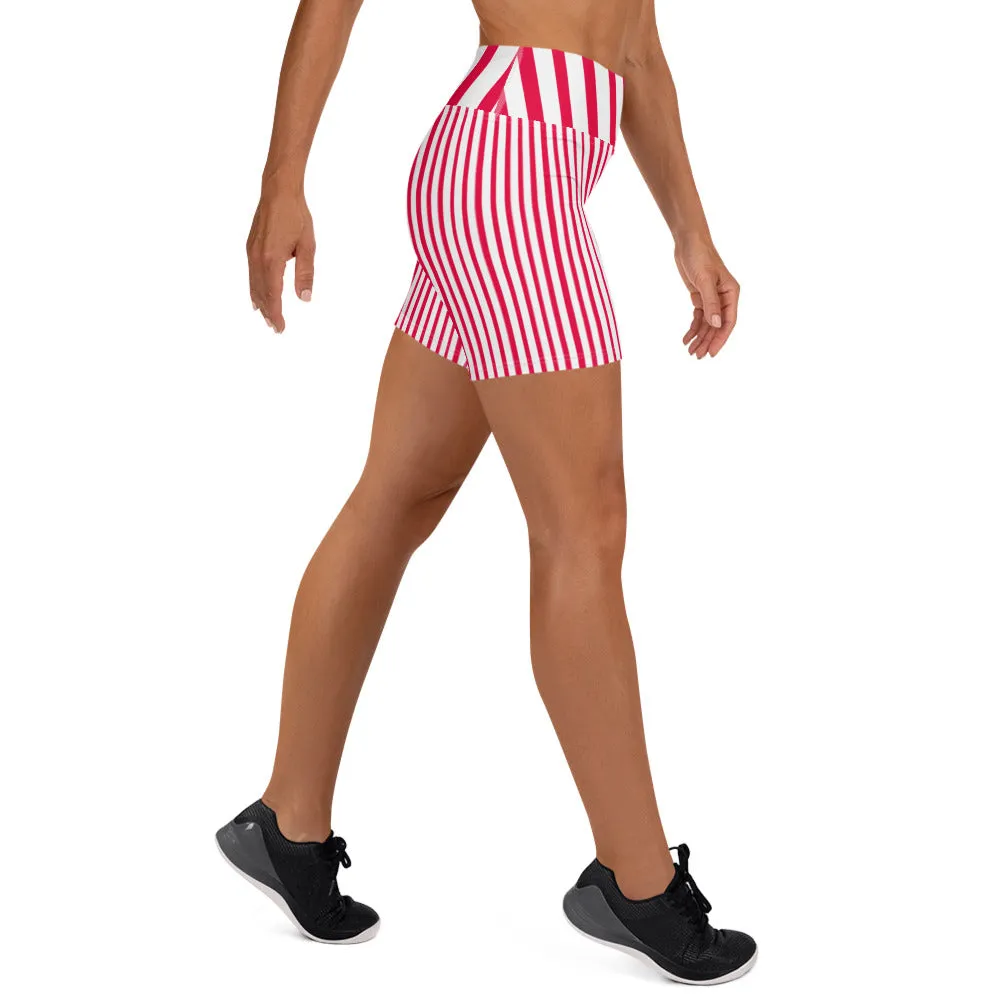 Red Black Striped Yoga Shorts, Vertically Stripes Circus Tights For Women-Made in USA/EU