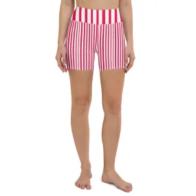 Red Black Striped Yoga Shorts, Vertically Stripes Circus Tights For Women-Made in USA/EU