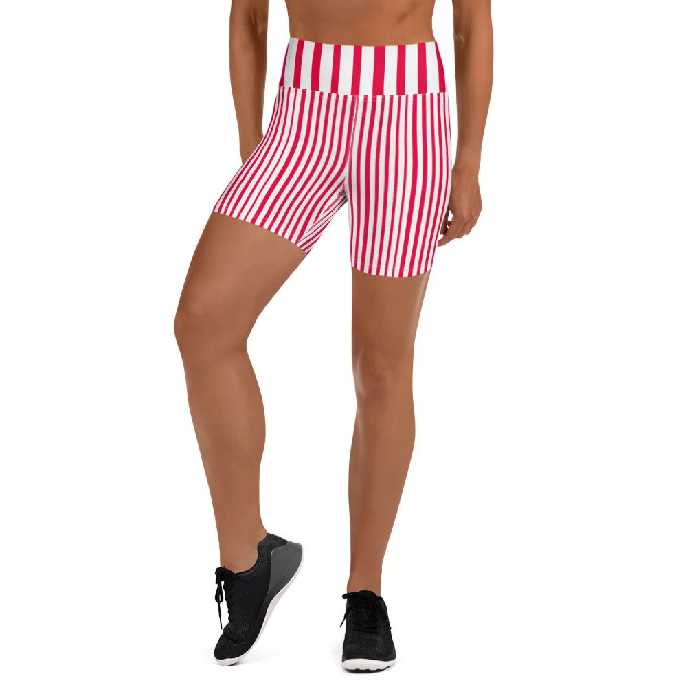 Red Black Striped Yoga Shorts, Vertically Stripes Circus Tights For Women-Made in USA/EU
