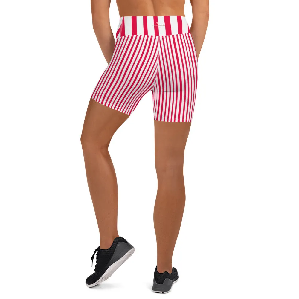 Red Black Striped Yoga Shorts, Vertically Stripes Circus Tights For Women-Made in USA/EU