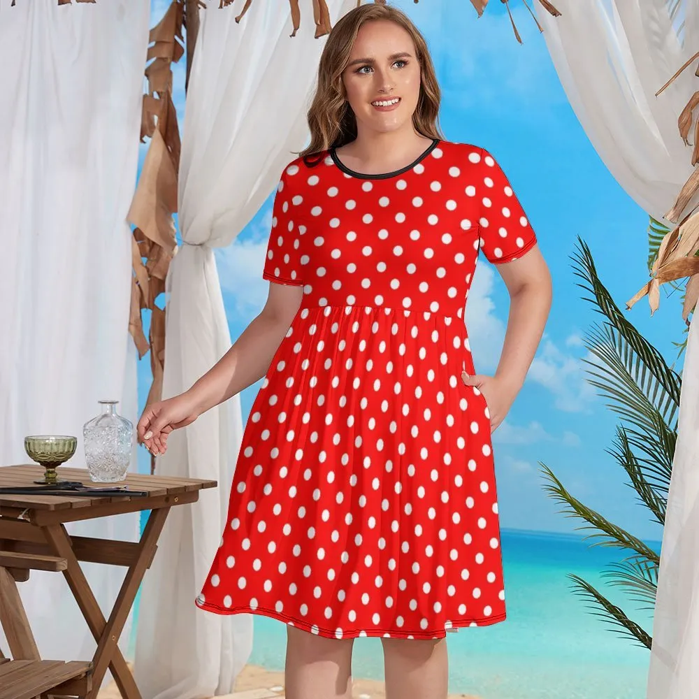Red With White Polka Dots Women's Round Neck Plus Size Dress With Pockets