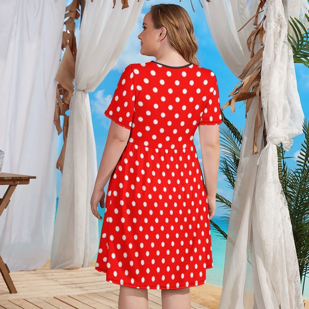 Red With White Polka Dots Women's Round Neck Plus Size Dress With Pockets