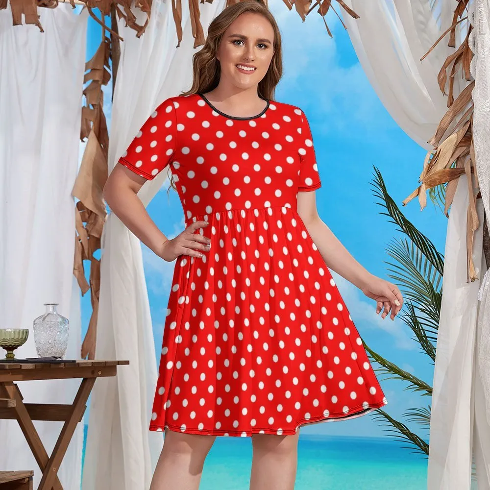 Red With White Polka Dots Women's Round Neck Plus Size Dress With Pockets