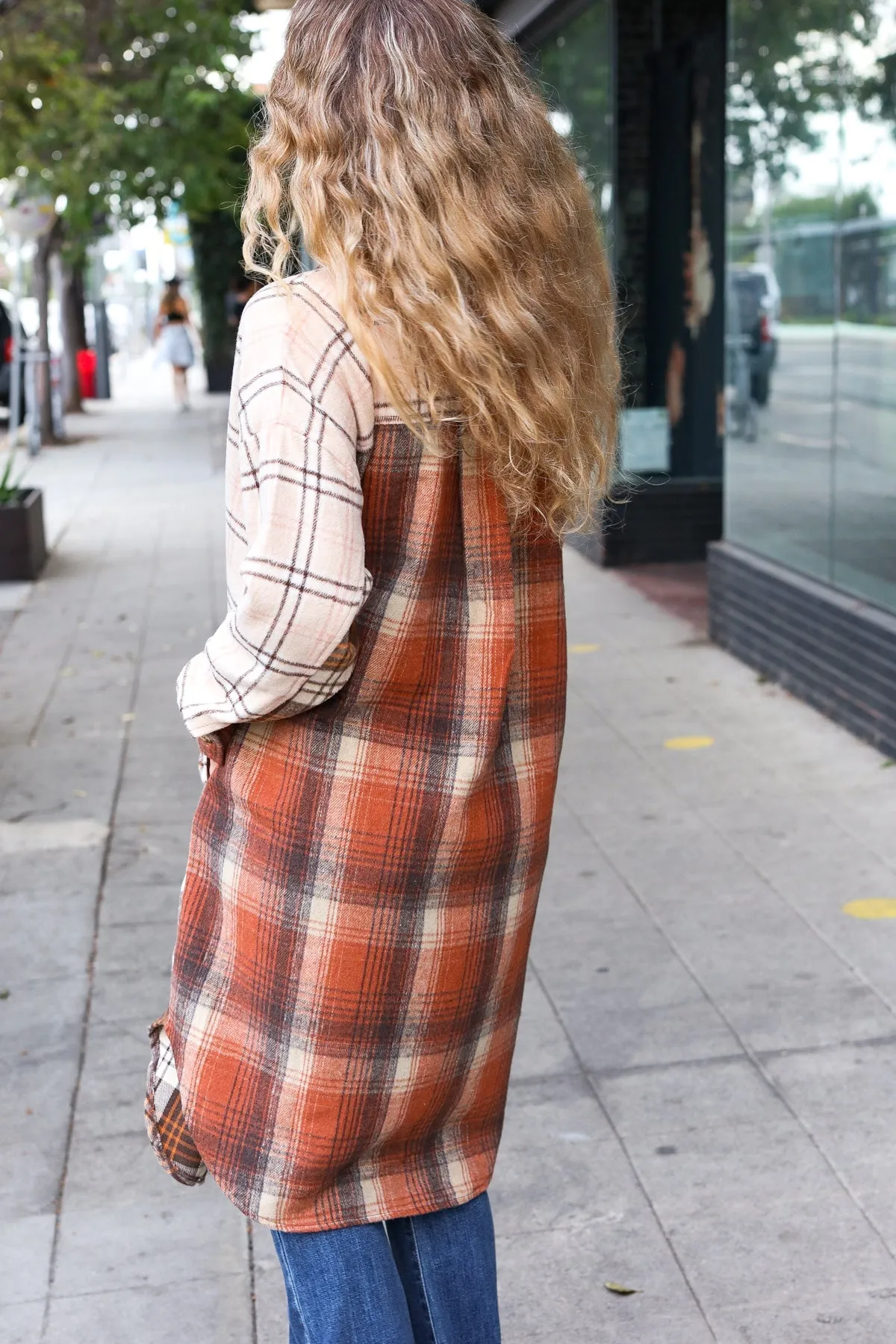 Rust & Taupe Color Block Plaid Longline Shacket
