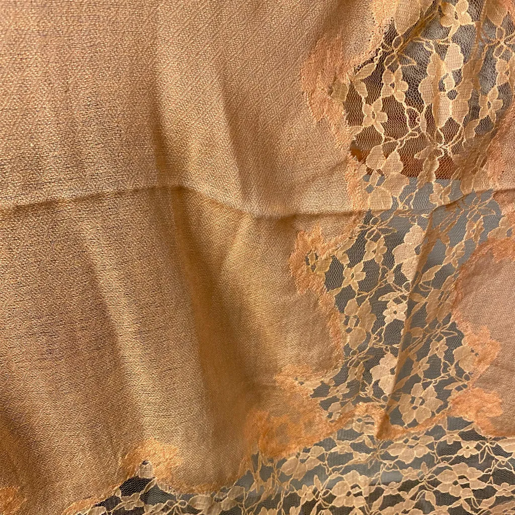 Sadhu Saffron Pashmina Stole with Orange lace insert