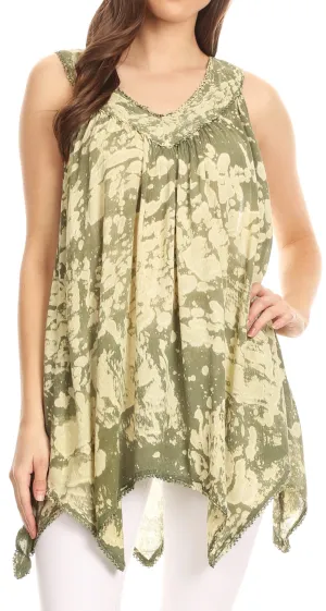 Sakkas Asaaya Sleeveless Tie Dye V-Neck Crinkle Style Trapeze Hem Lightweight Top Sakkas Asaaya Sleeveless Tie Dye V-Neck Crinkle Style Trapeze Hem Lightweight Top
