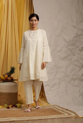 Set Of 2: Off White Cotton Schiffli Flared Tunic & Narrow Pants Set Of 2: Off White Cotton Schiffli Flared Tunic & Narrow Pants