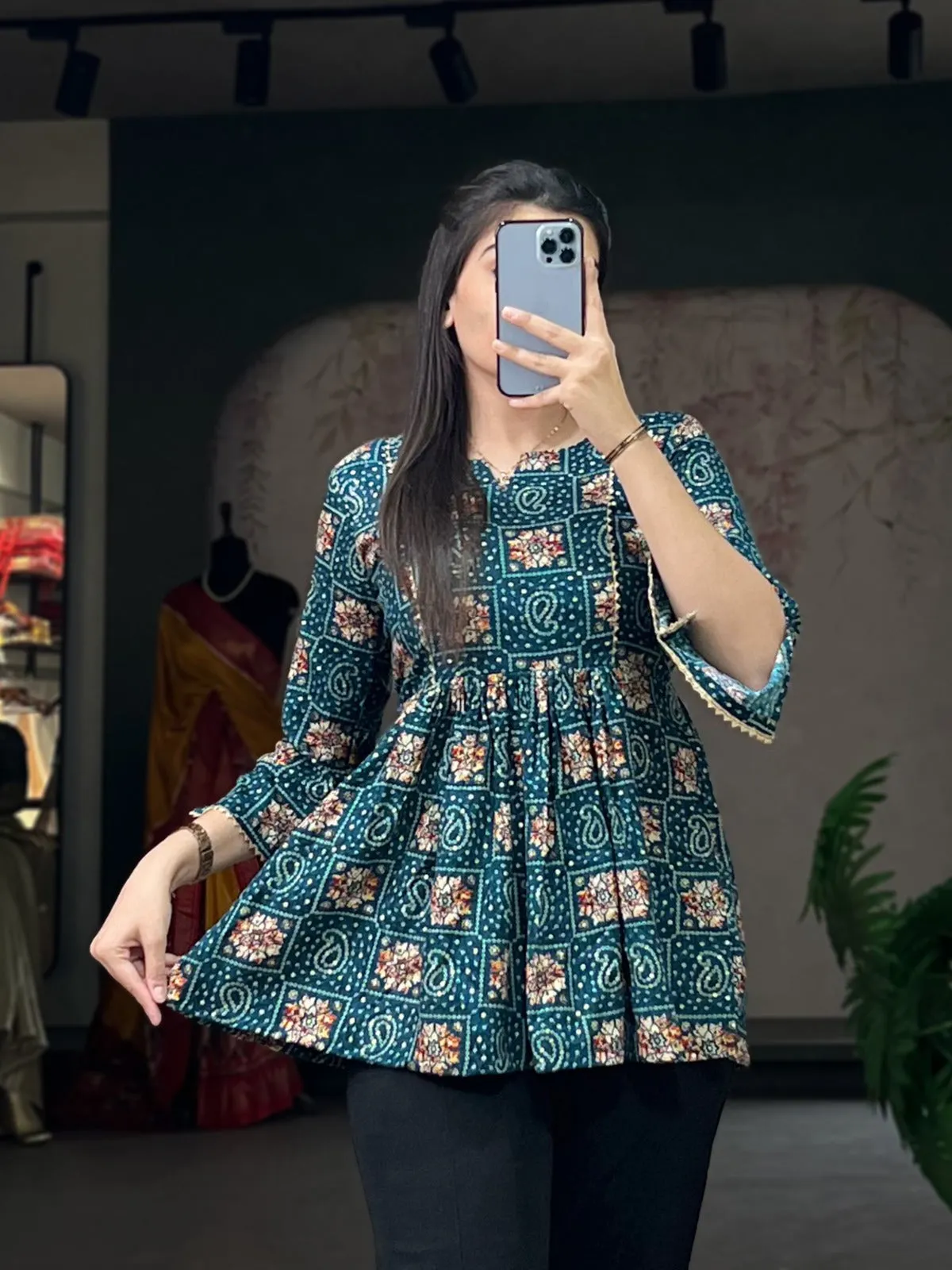 Stylish Teal Printed Cotton Tunic