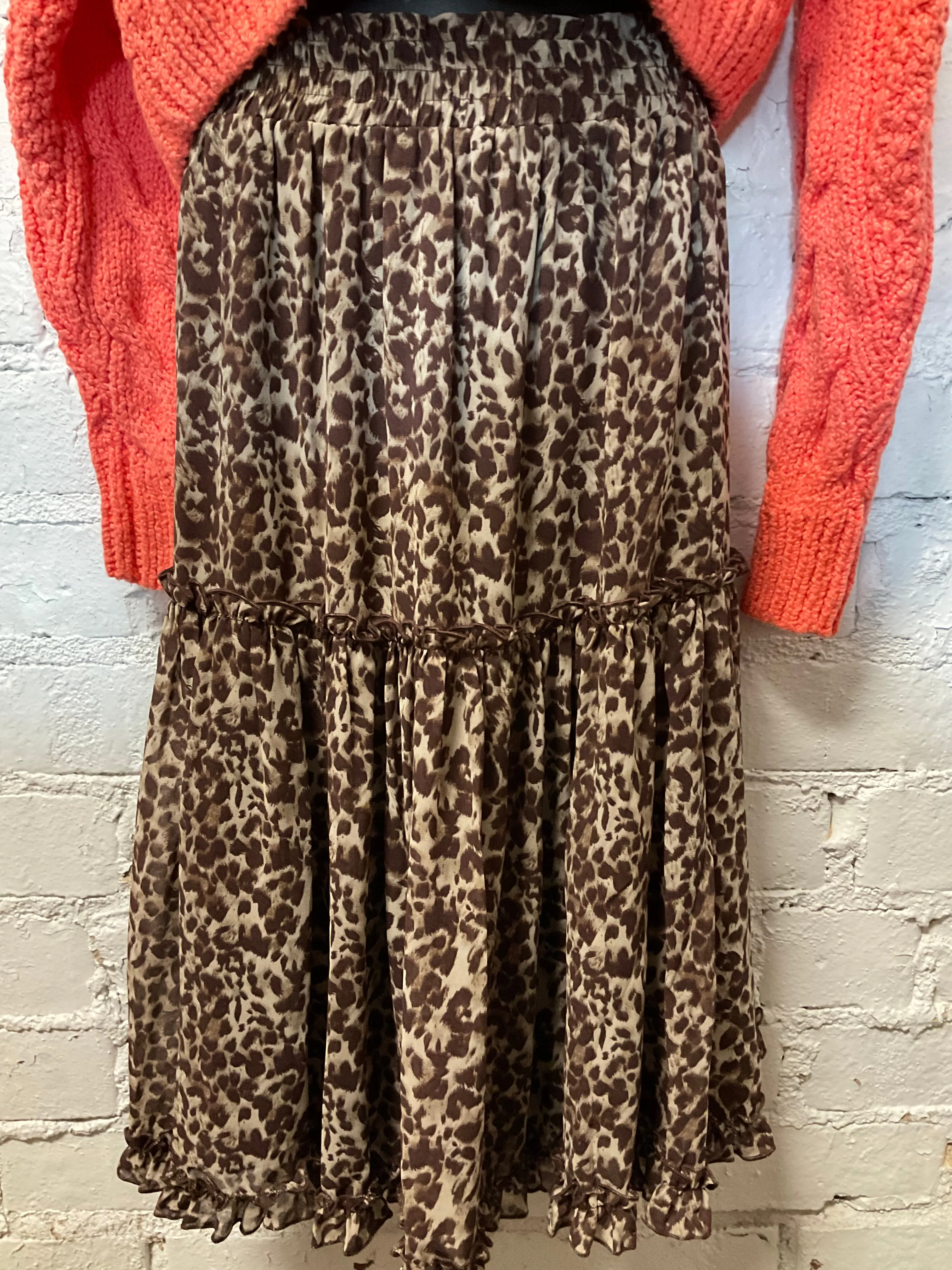 Tiered Ruffled Animal Print Midi Skirt