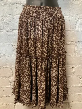Tiered Ruffled Animal Print Midi Skirt