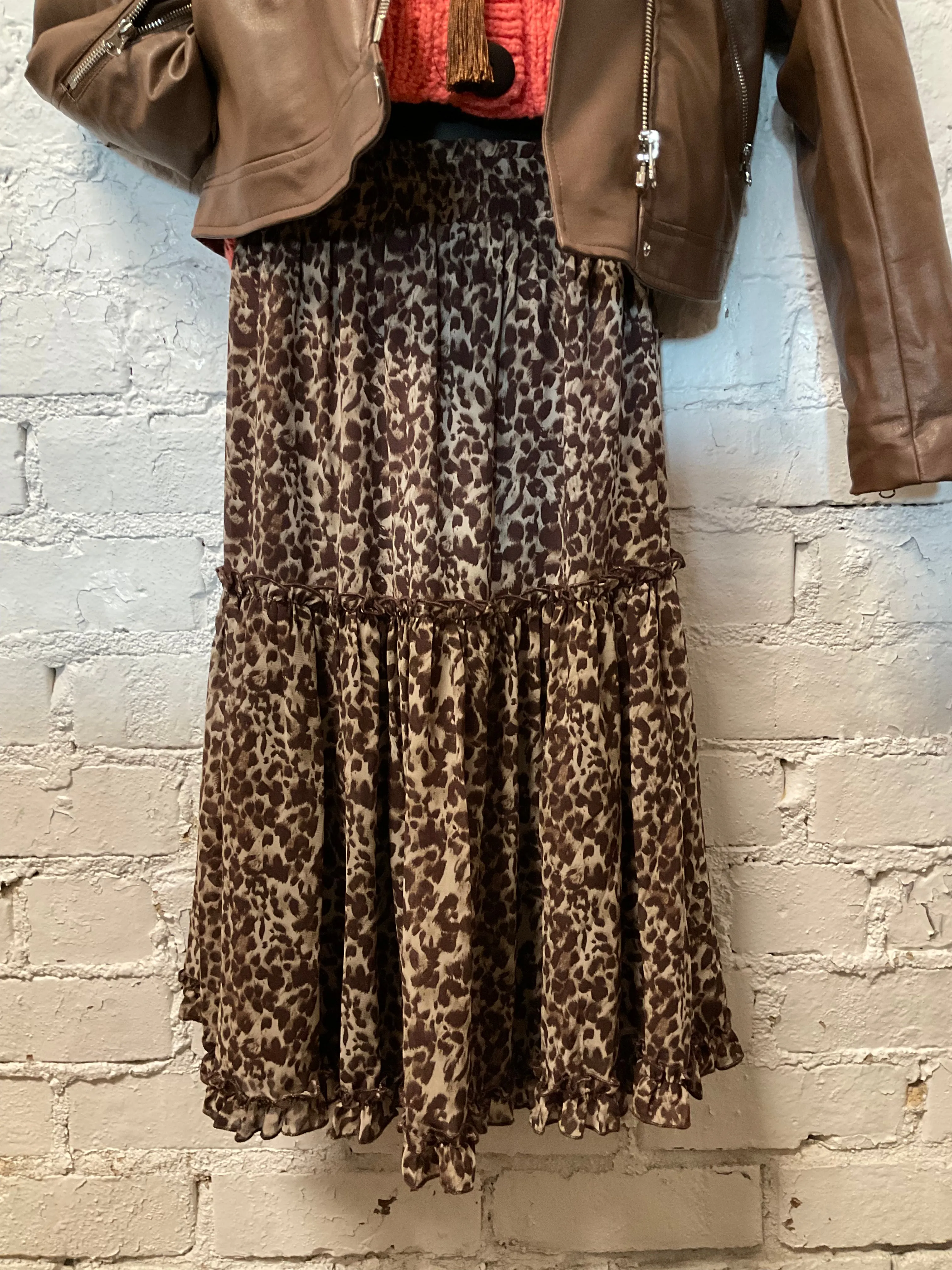 Tiered Ruffled Animal Print Midi Skirt