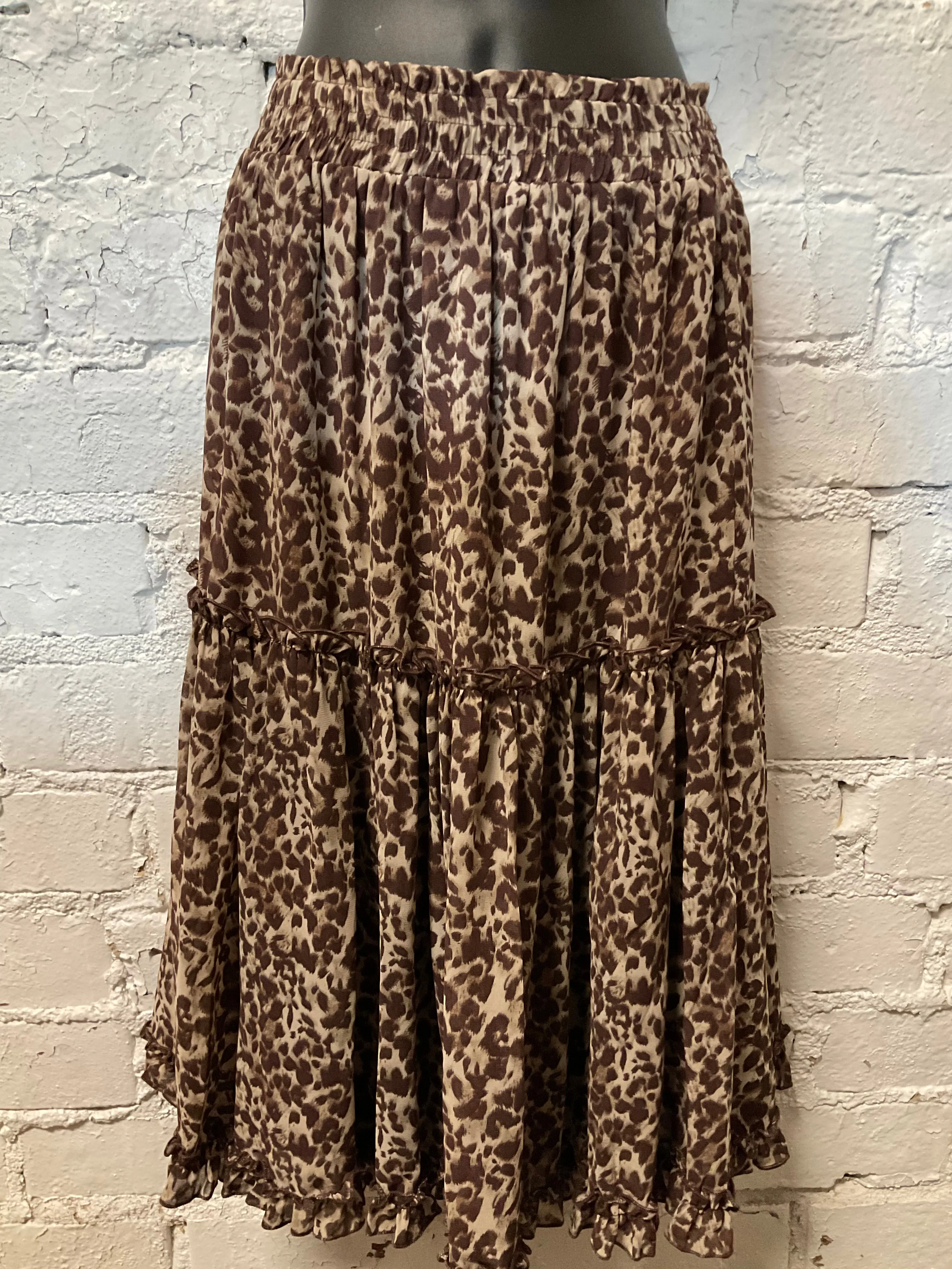 Tiered Ruffled Animal Print Midi Skirt