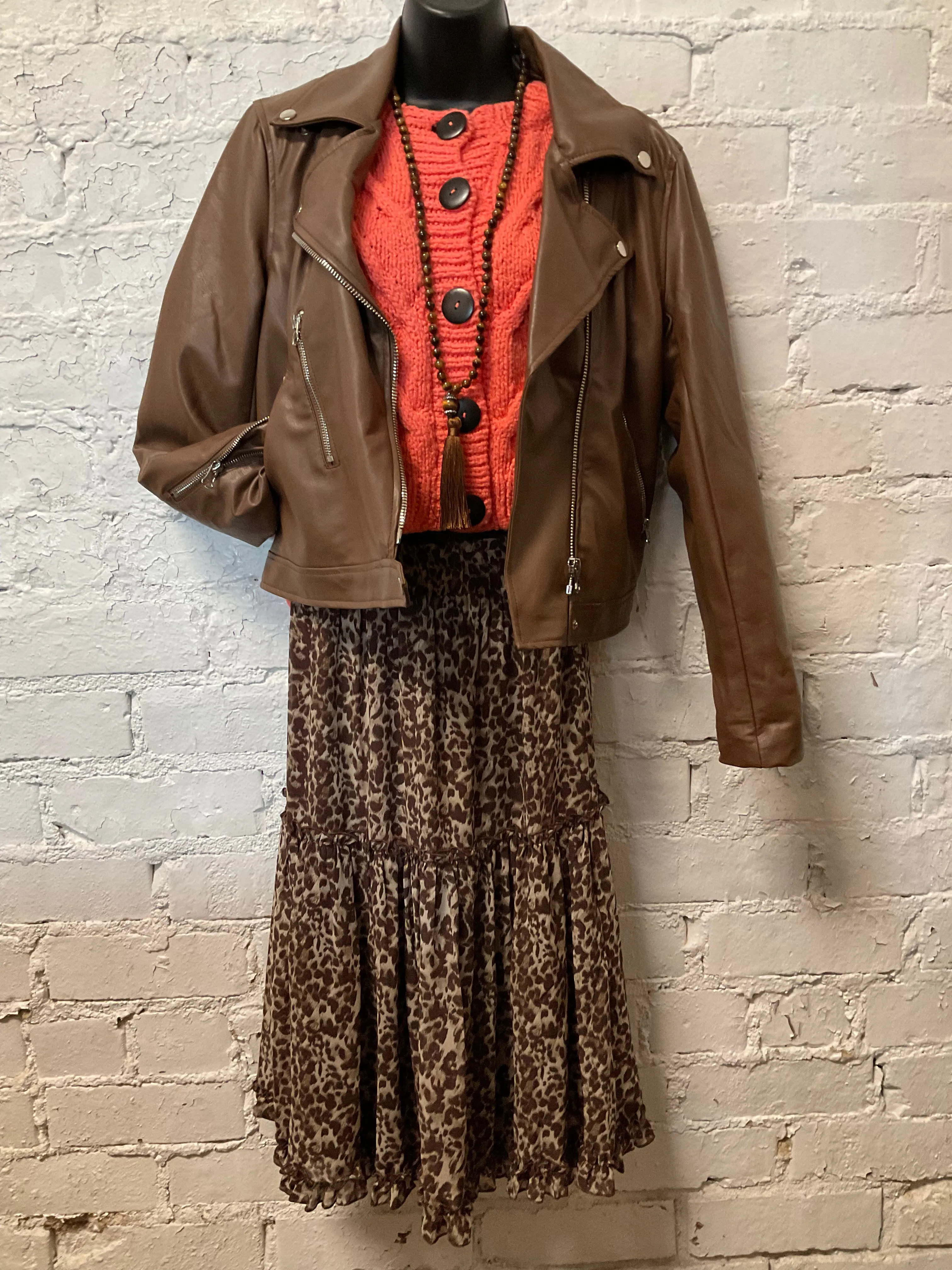 Tiered Ruffled Animal Print Midi Skirt
