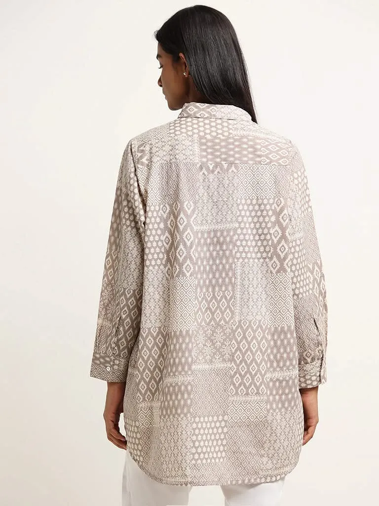 Utsa Beige Printed Patchwork Cotton Tunic