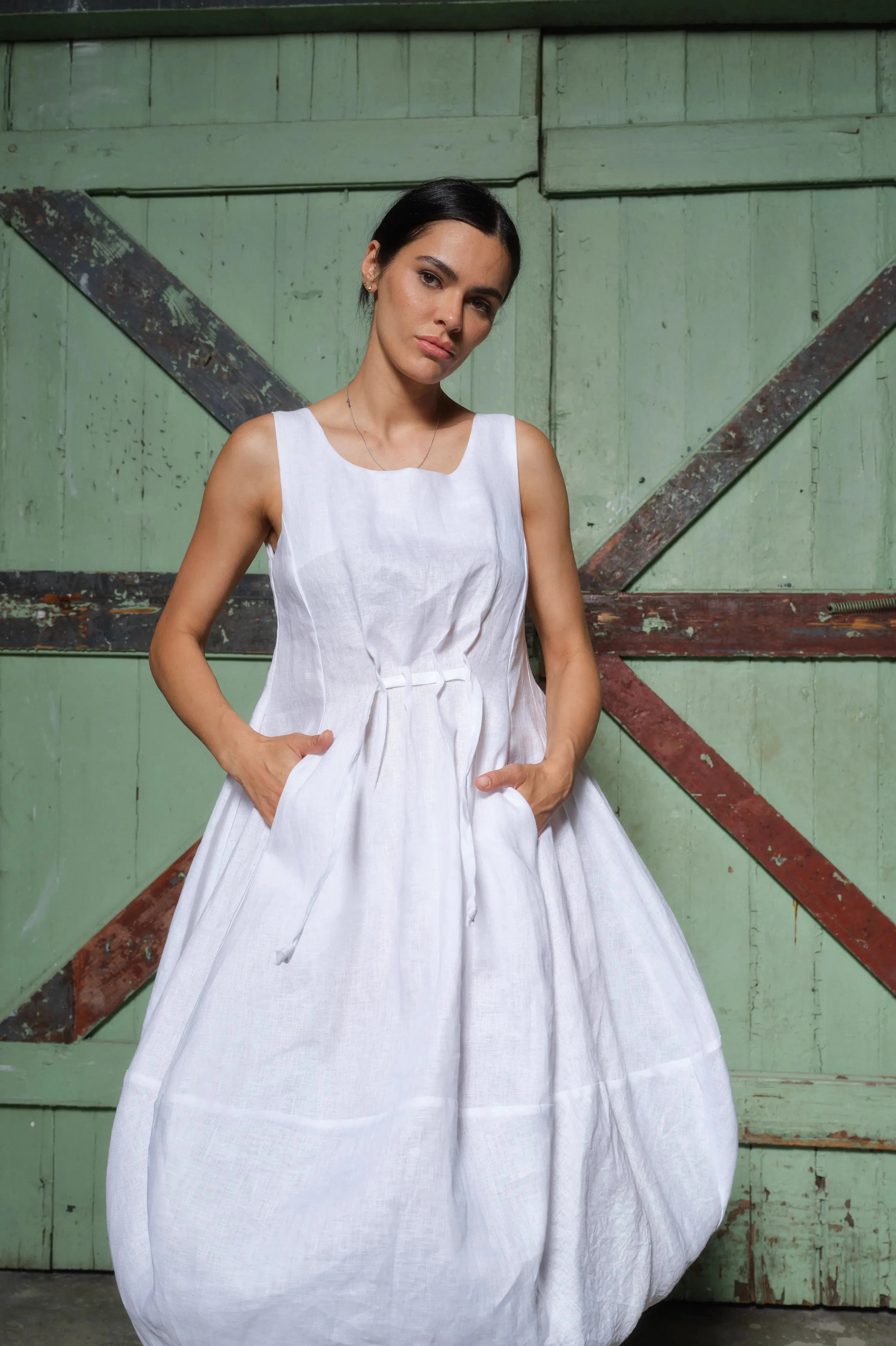 Versatile Bohemian Balloon Midi Dress in White - Italian Linen, Relaxed Fit, Square Neckline
