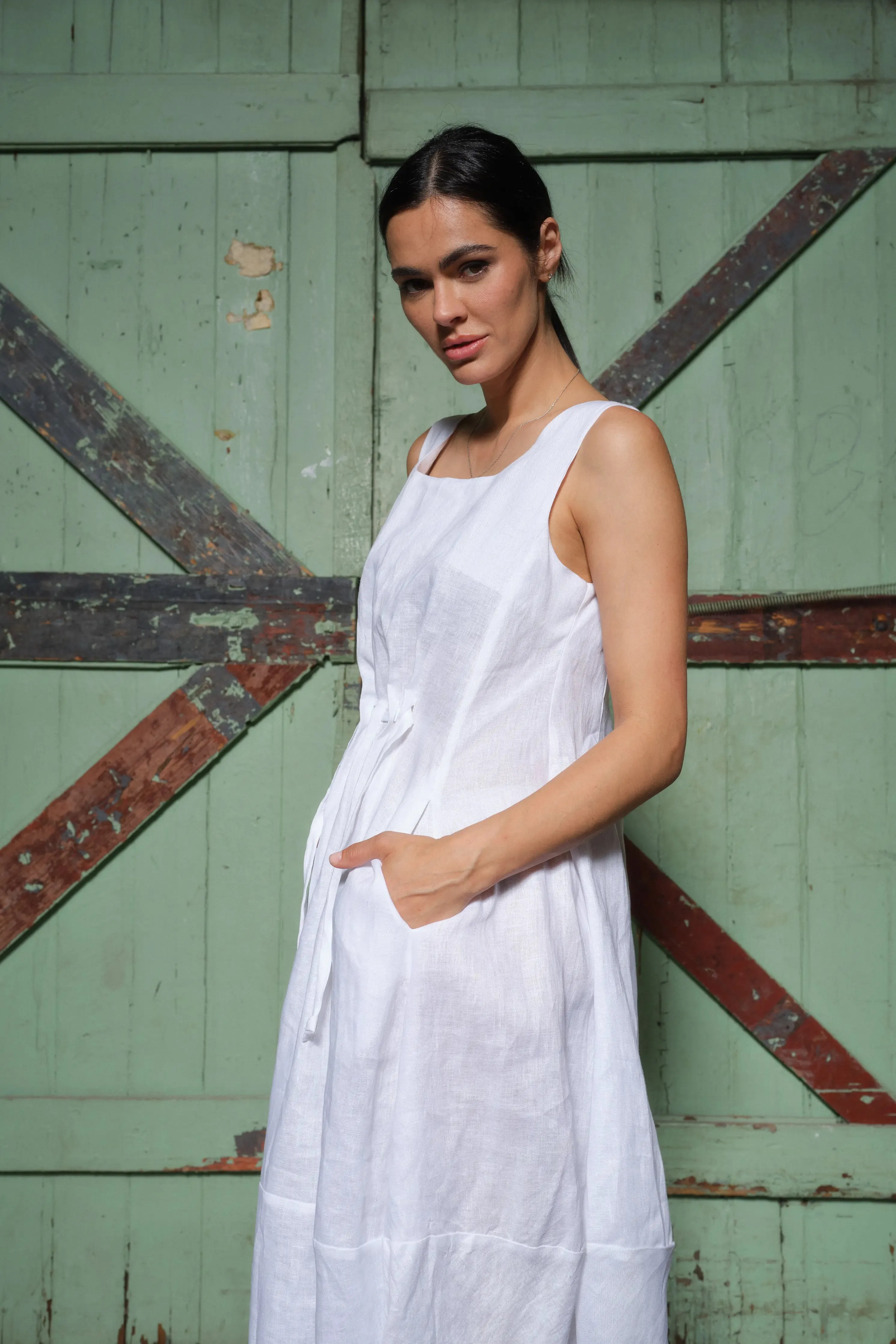 Versatile Bohemian Balloon Midi Dress in White - Italian Linen, Relaxed Fit, Square Neckline