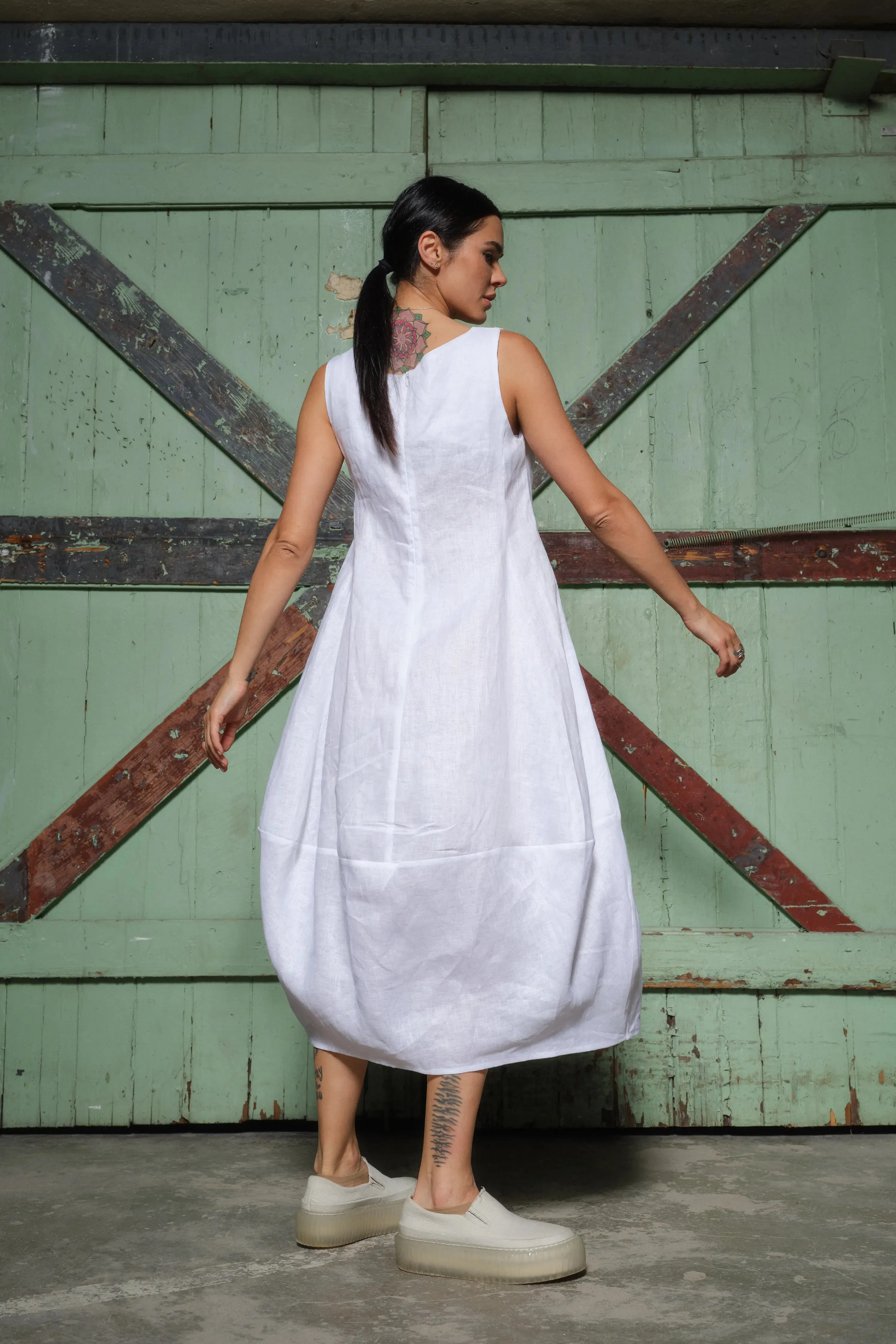 Versatile Bohemian Balloon Midi Dress in White - Italian Linen, Relaxed Fit, Square Neckline
