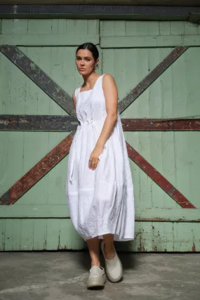 Versatile Bohemian Balloon Midi Dress in White - Italian Linen, Relaxed Fit, Square Neckline