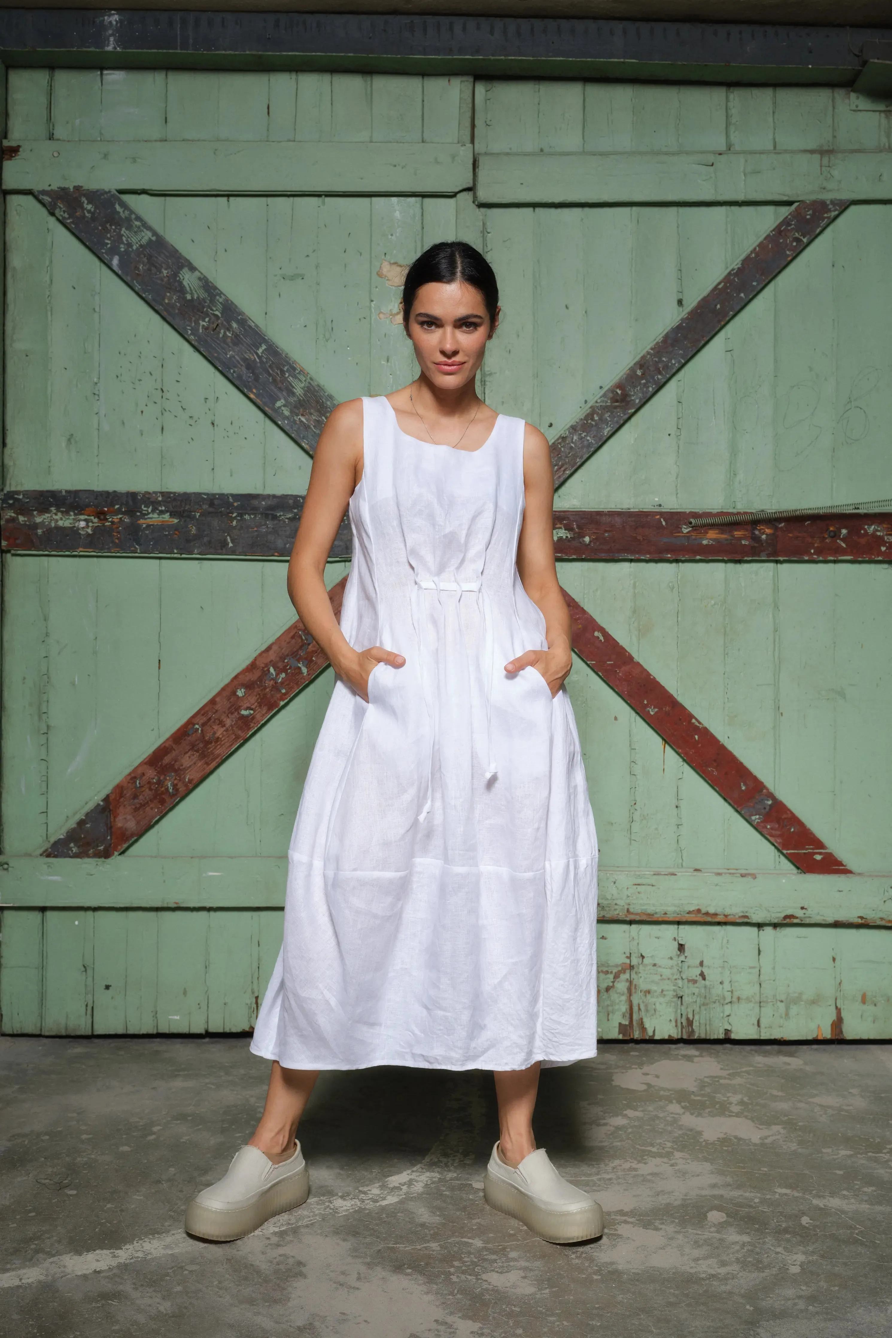 Versatile Bohemian Balloon Midi Dress in White - Italian Linen, Relaxed Fit, Square Neckline