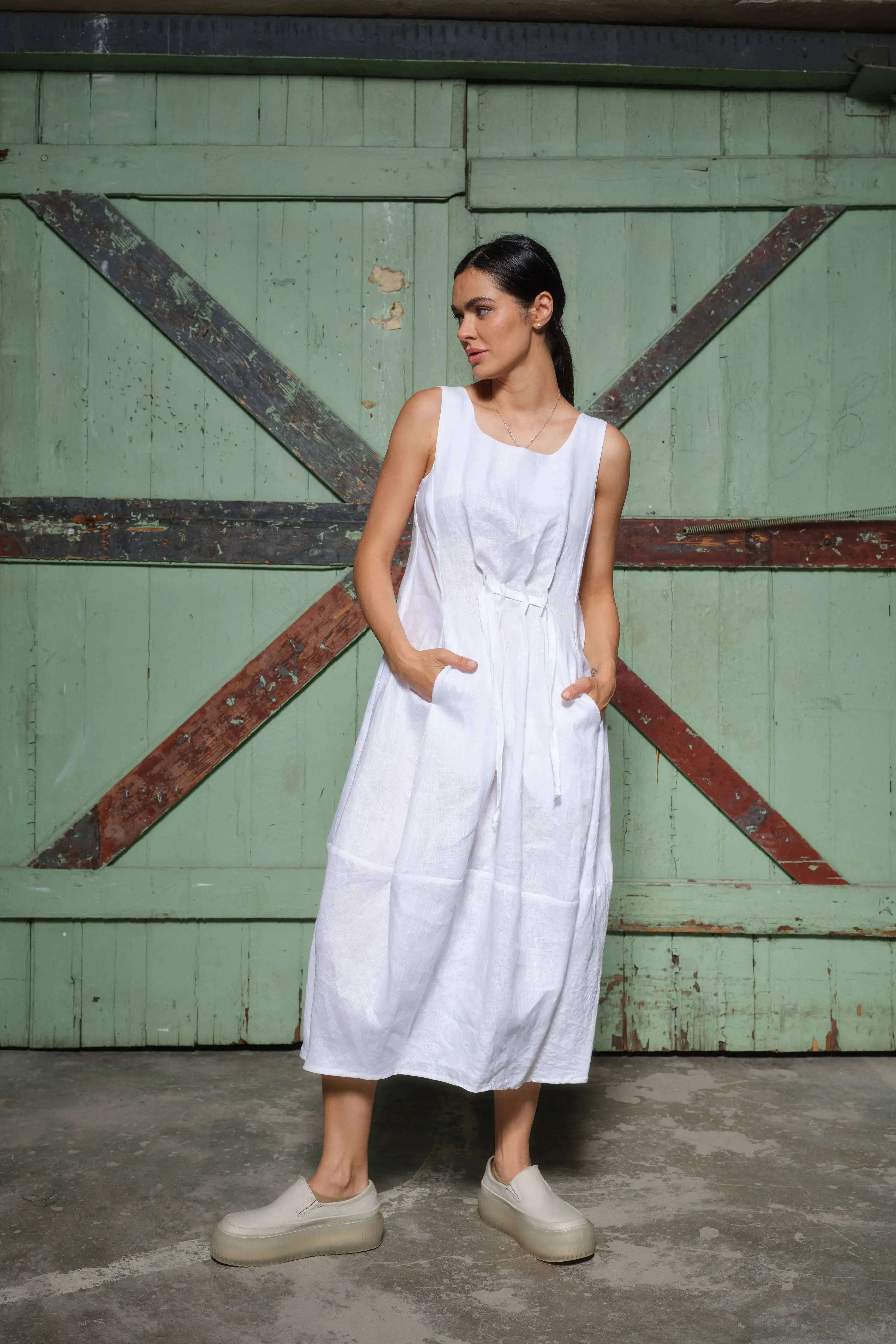 Versatile Bohemian Balloon Midi Dress in White - Italian Linen, Relaxed Fit, Square Neckline