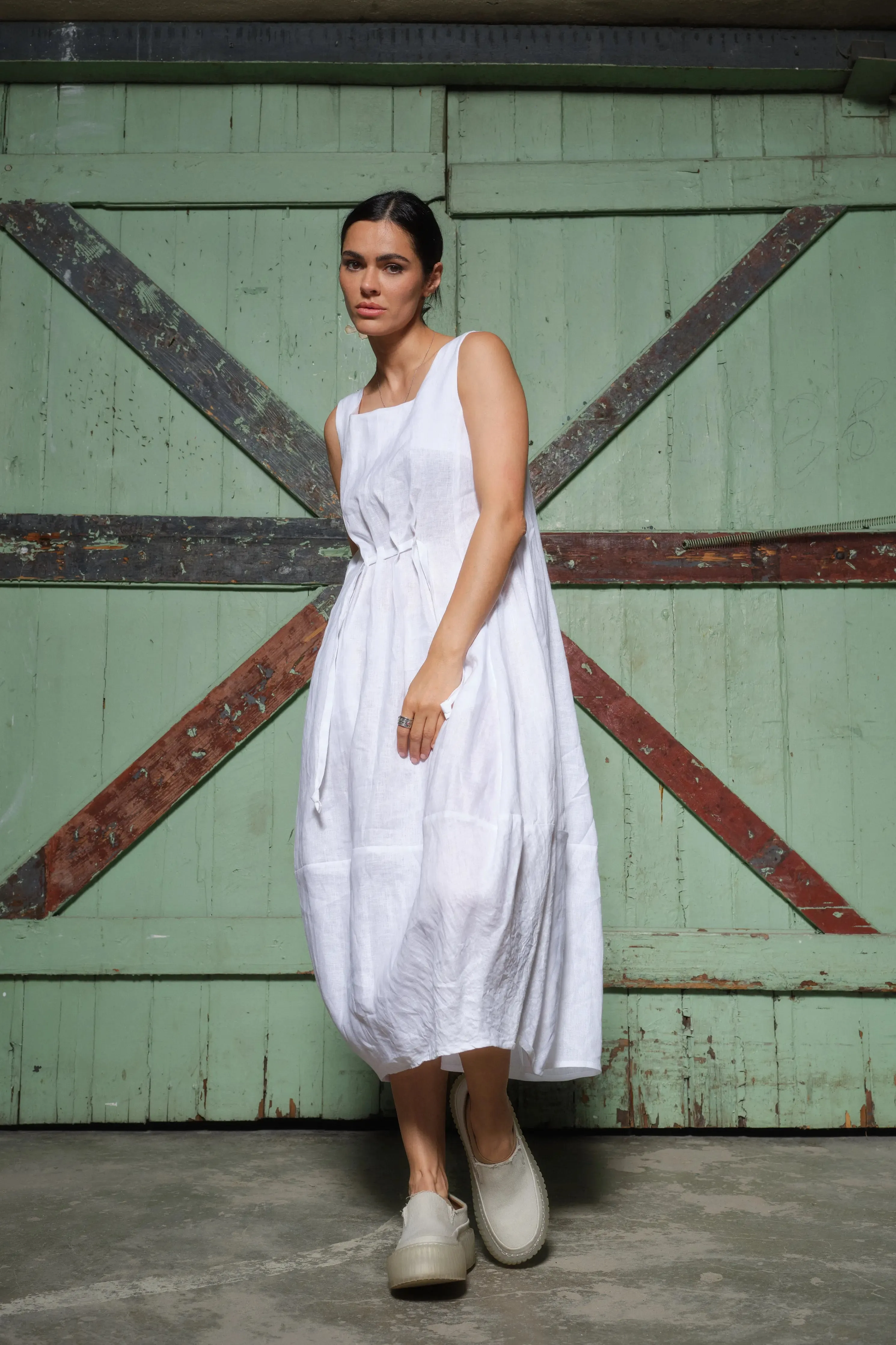 Versatile Bohemian Balloon Midi Dress in White - Italian Linen, Relaxed Fit, Square Neckline