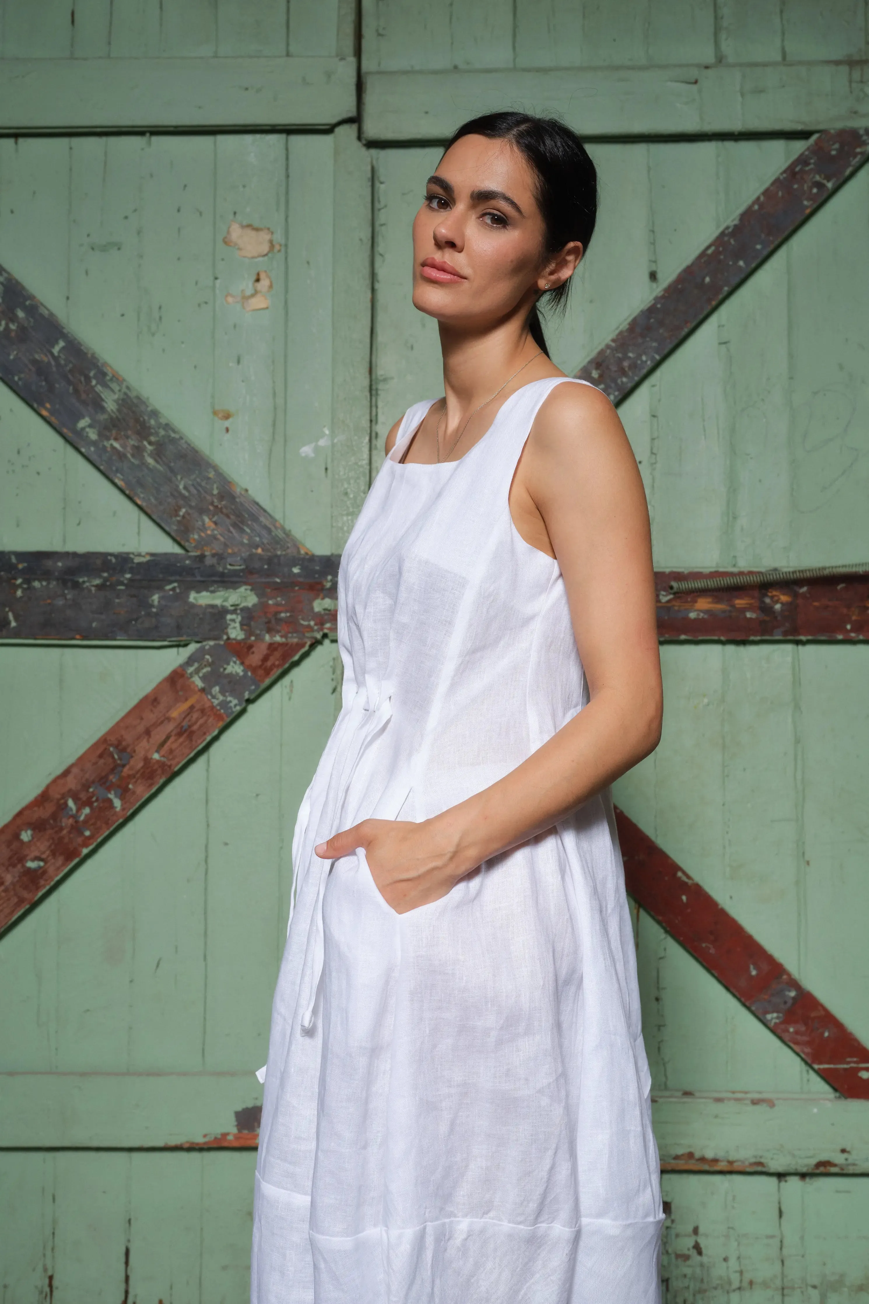 Versatile Bohemian Balloon Midi Dress in White - Italian Linen, Relaxed Fit, Square Neckline