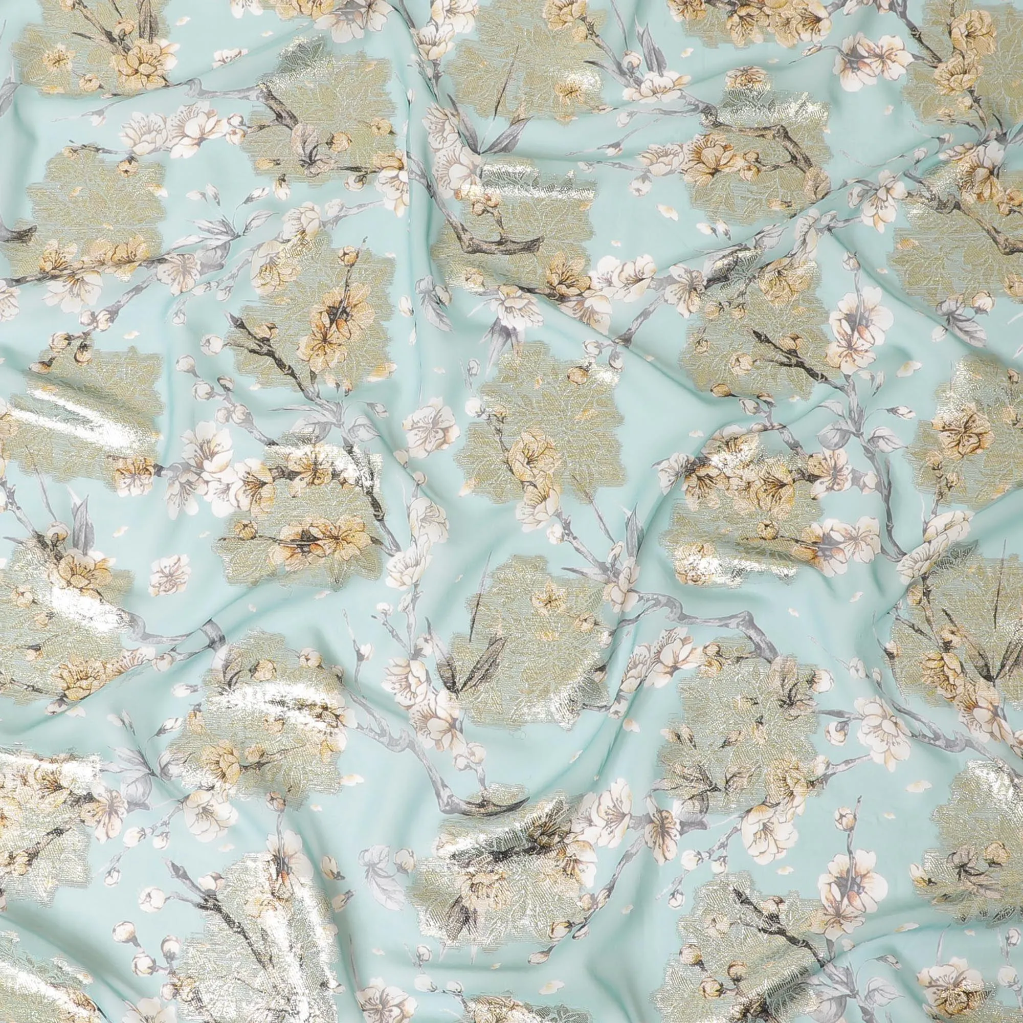 Vista green synthetic chiffon fabric with multicolor print having gold metallic lurex in floral design-D8313