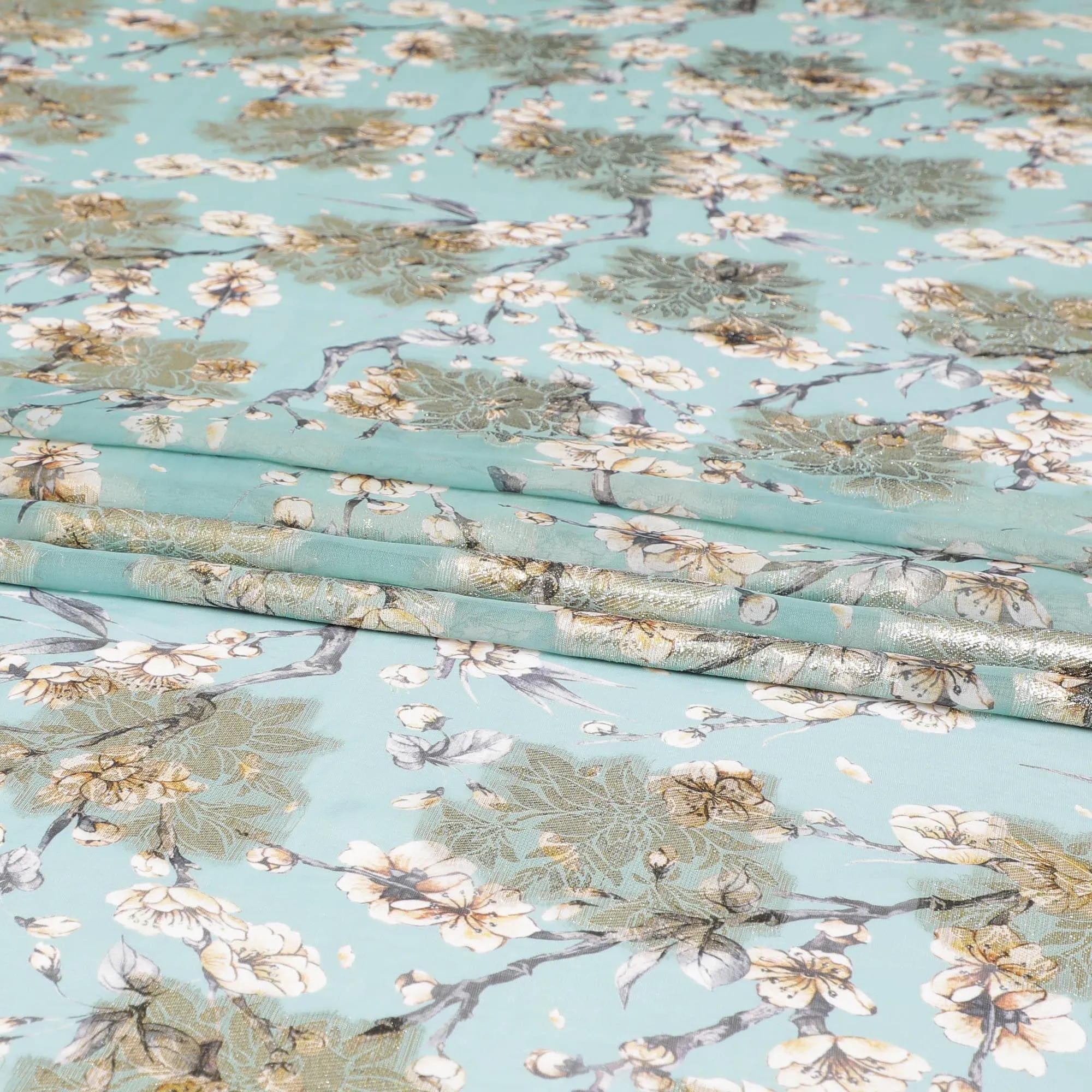Vista green synthetic chiffon fabric with multicolor print having gold metallic lurex in floral design-D8313