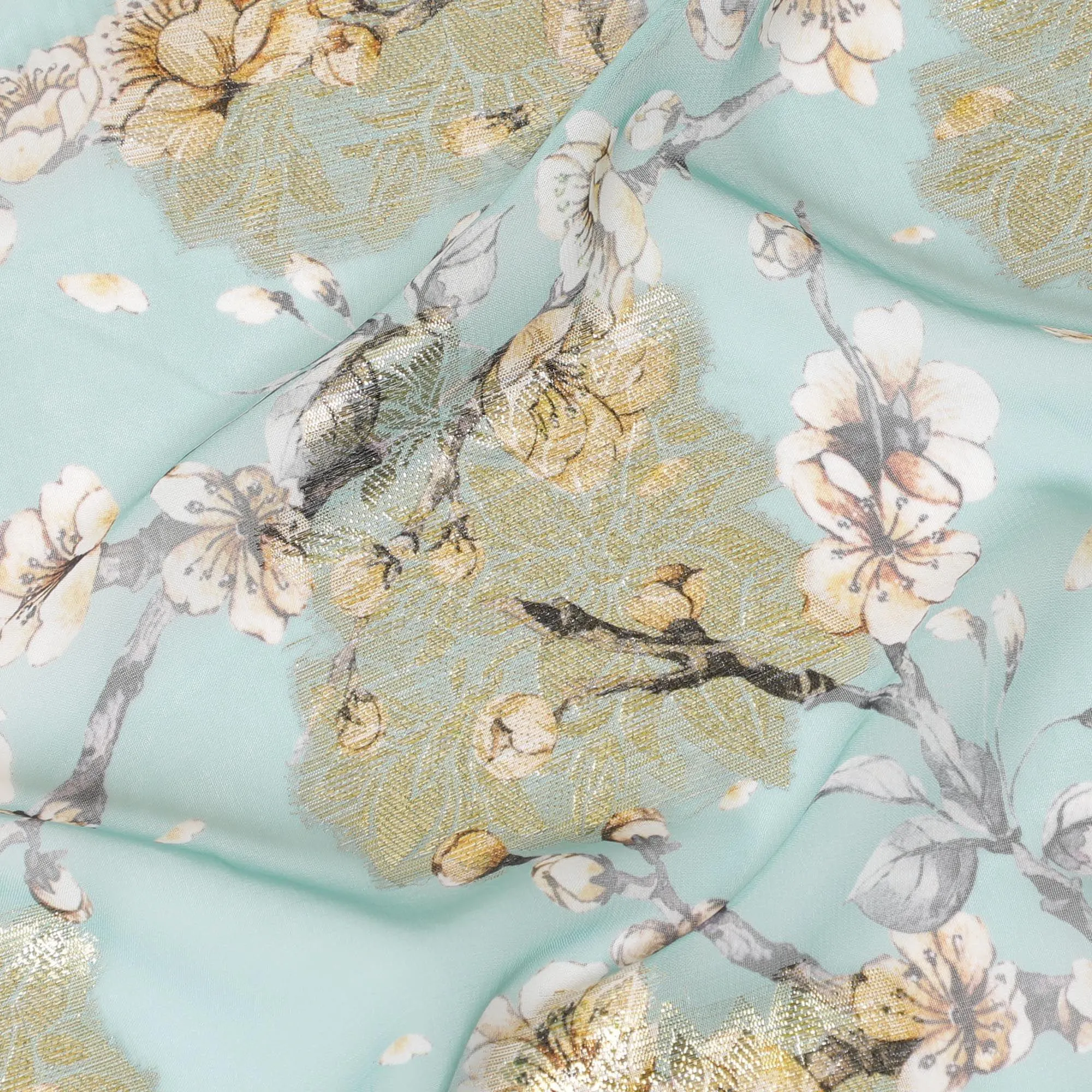 Vista green synthetic chiffon fabric with multicolor print having gold metallic lurex in floral design-D8313