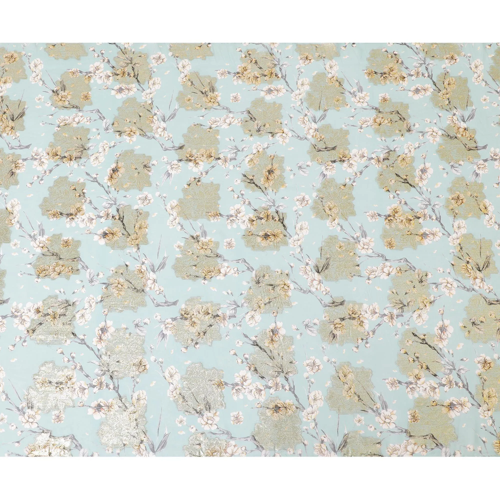 Vista green synthetic chiffon fabric with multicolor print having gold metallic lurex in floral design-D8313