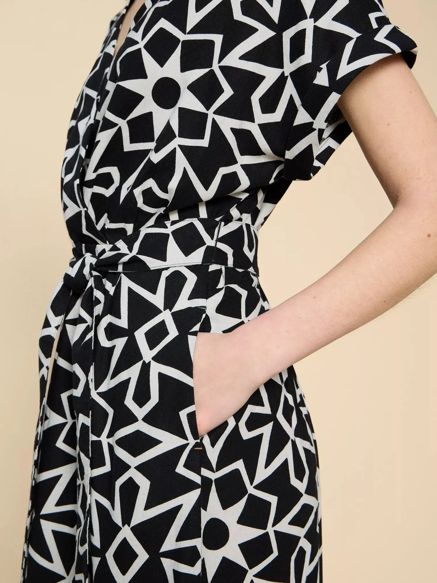 White Stuff Sophie Linen Blend Wrap Dress Black Print