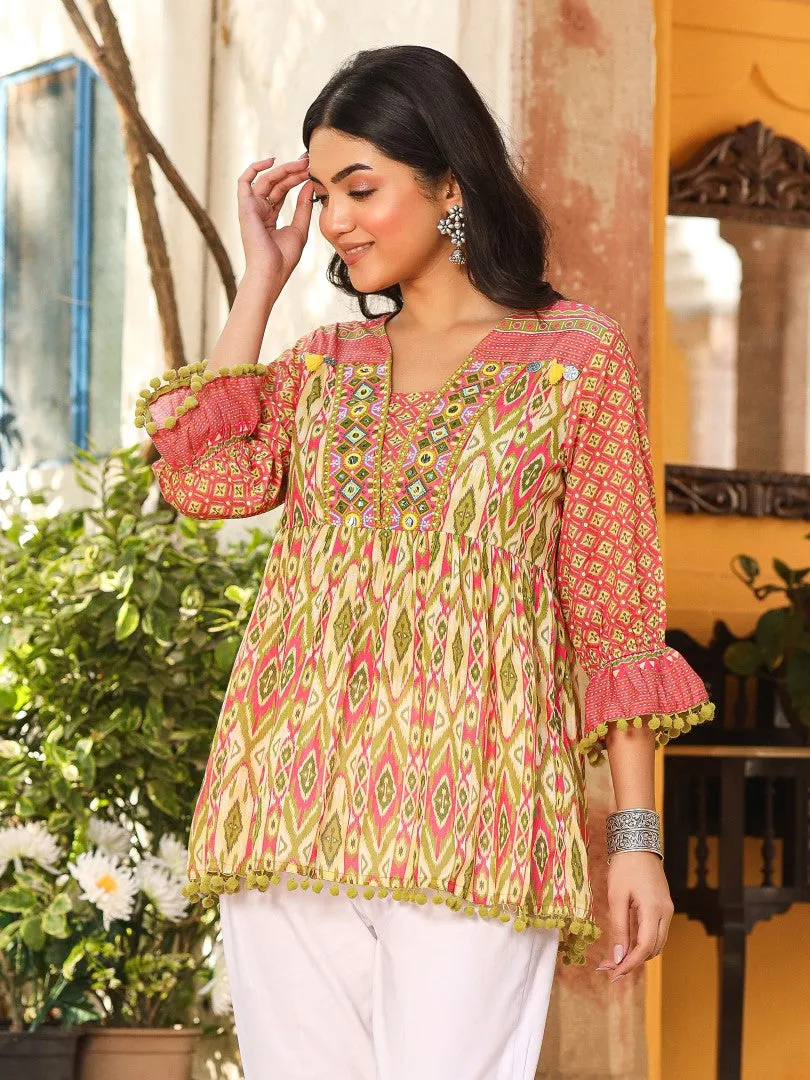 Women Ikat Printed & Embroidered Green Cotton Voile Peplum Tunic