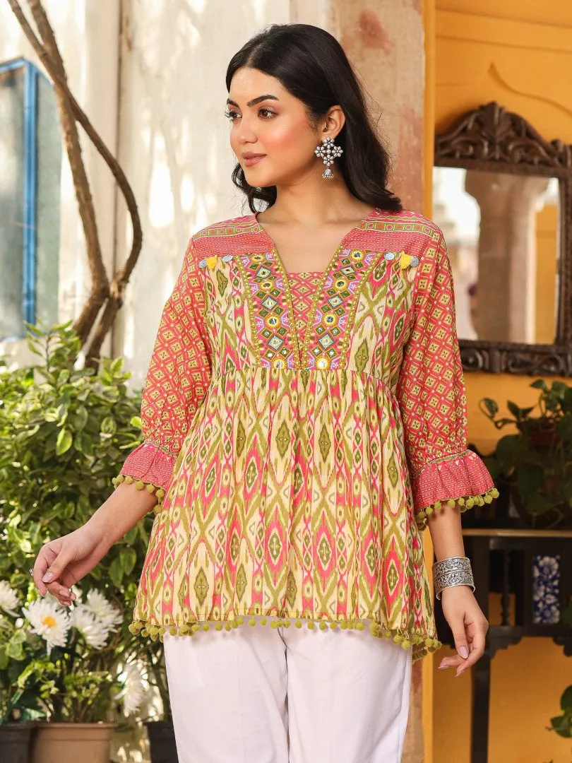 Women Ikat Printed & Embroidered Green Cotton Voile Peplum Tunic